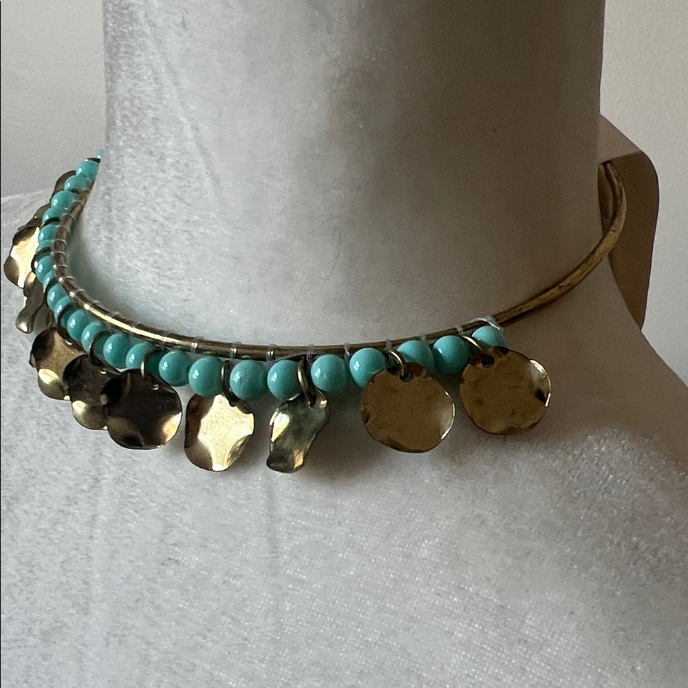NKN Nekane Joyce Blue Beaded Gold Disc Distressed Choker Necklace NWT Reg. $89 - Picture 3 of 9